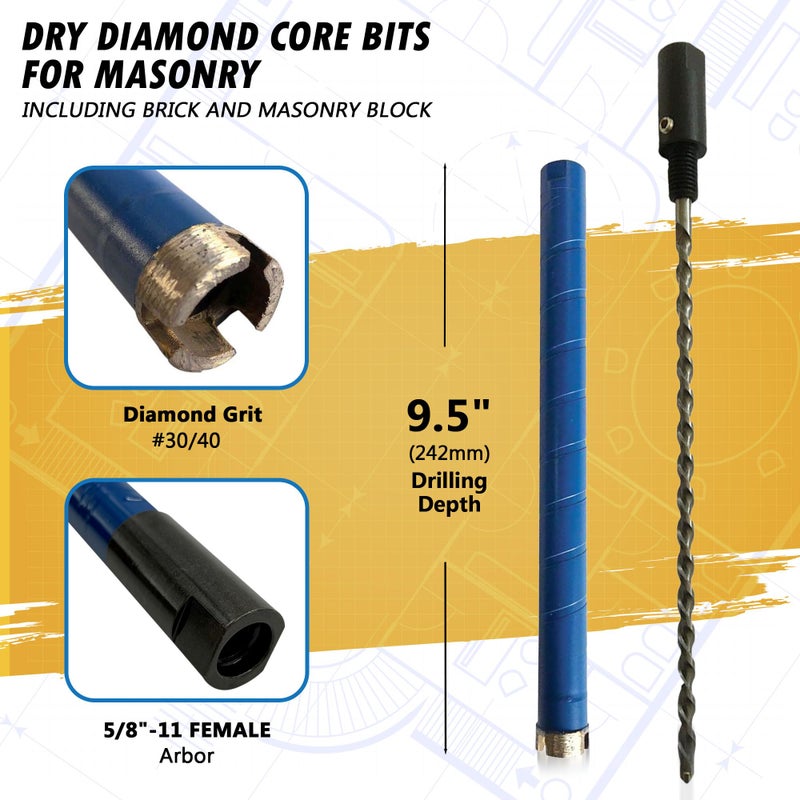 EDiamondTools مثقاب الماس الجاف 2-1/2" للطوب والكتل مع محول مثقاب 5/8"-11، عمق حفر 9.5"، محور 5/8"-11 - Image 2